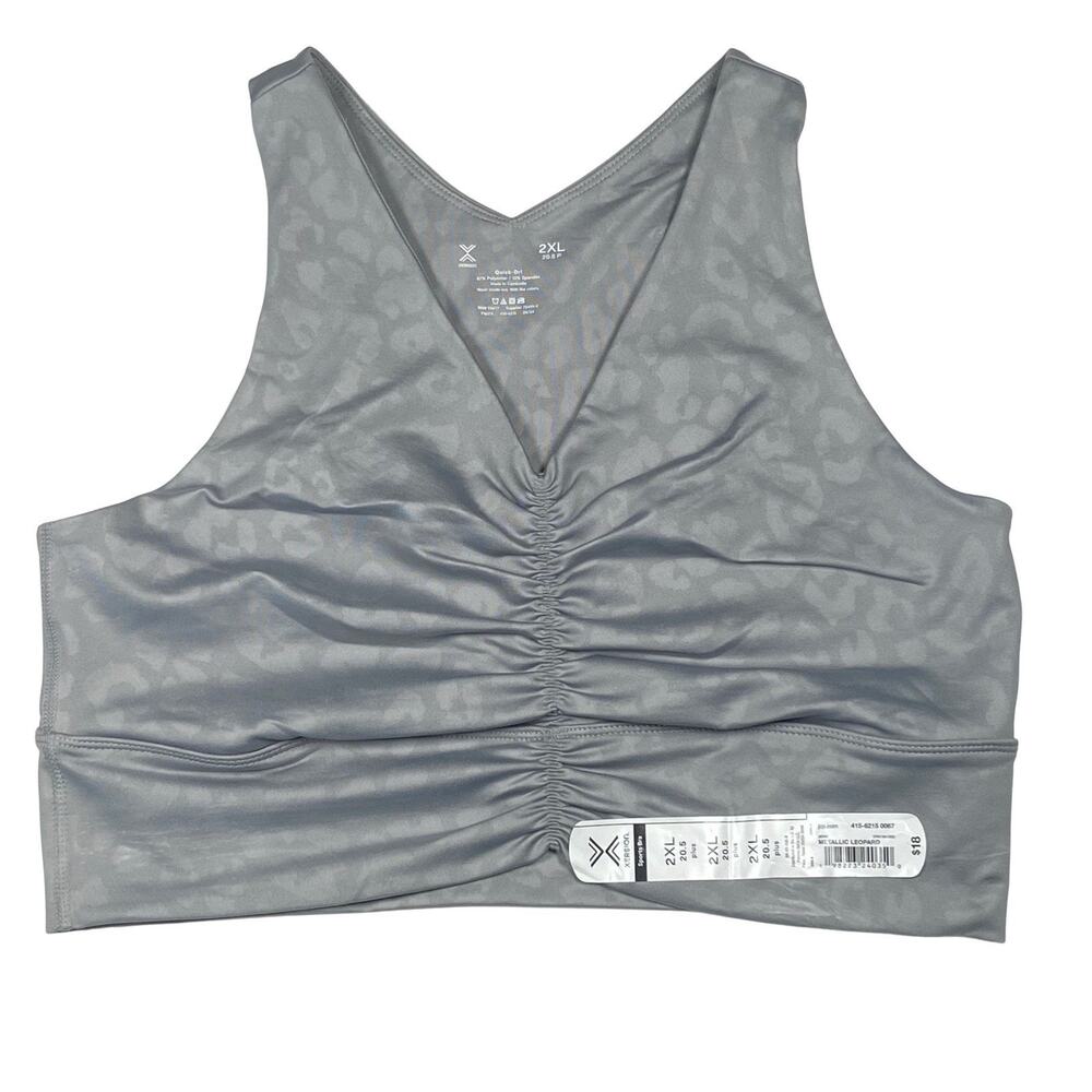 Xersion Sports Bra Womens 2XL Gray Metallic Leopard Racerback Ruched NEW